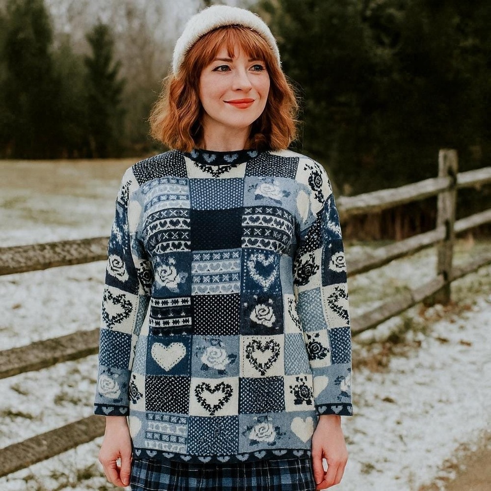 Vintage 90s‎ Grace L Patchwork Sweater Hearts Roses Blue Knit Cottagecore Kitsch